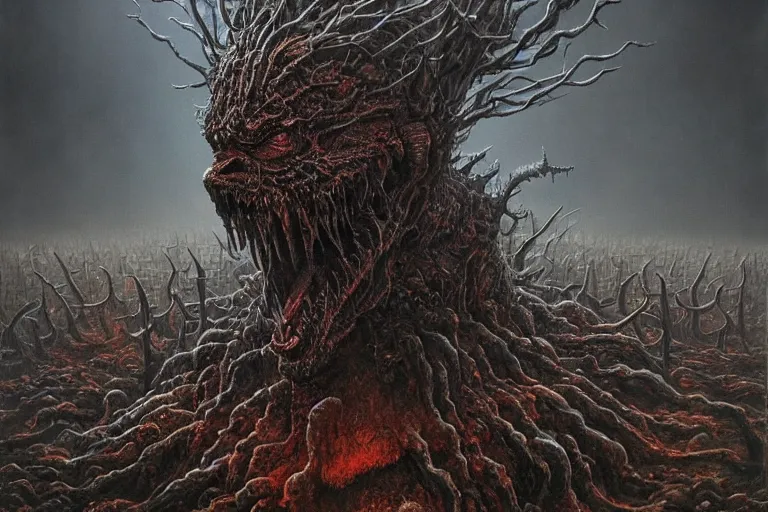 Prompt: Haunting horrifying hyperrealistic detailed painting of a demon creature creature sitting atop a giant throne of spikes in a foggy hellscape, dystopian feel, heavy metal, disgusting, creepy, unsettling, in the style of Michael Whelan and Zdzisław Beksiński, lovecraftian, hyper detailed, trending on Artstation