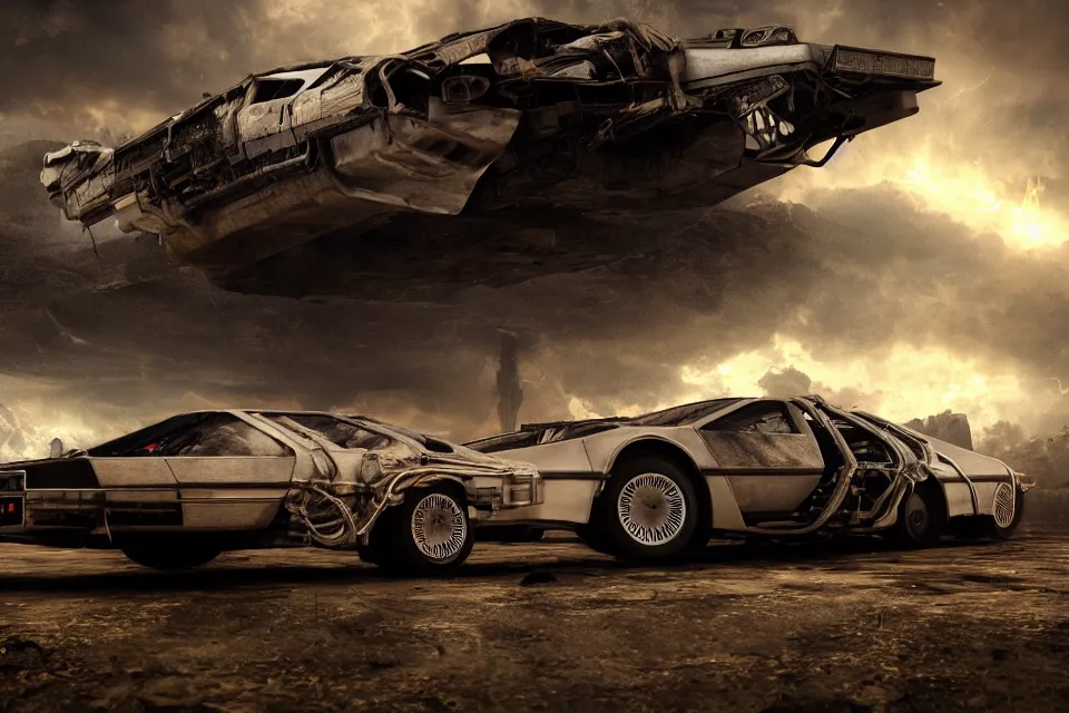 Image similar to delorean dmc 5 next to ancient space ship wreck horror, dark cinematic, volumetric, realistic, 3 d render, realistic render, cinematic lighting, volumetric lighting, atmospheric, cinematic, unreal engine, unreal engine render, octane render, hd, photorealism, hyper realistic, photo, 8 k