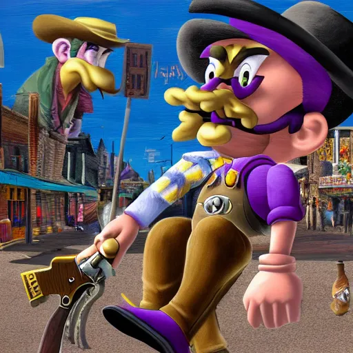 Image similar to waluigi from the mario series dressed as a cowboy holding a big iron revolver fighting outlaws in a town, cinematic still frame oil painting, high detailed painting, greatly illustrated, photo - realistic painting )