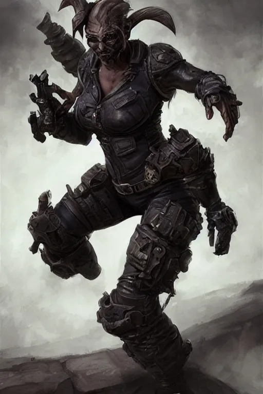 Image similar to gina carano as a shadowrun ork with prothesis metallic left arm, tusk, casual black clothing, muscular, realistic proportions, casual pose, large portrait, sci - fi, rpg character, digital painting, artstation, concept art, smooth, 8 k frostbite 3 engine, ultra detailed, art by artgerm and greg rutkowski and magali villeneuve