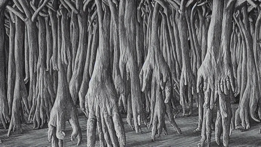 Image similar to a forest of fingers, by chris van allsburg and m. c. escher, fine inking lines, surreal fantasy