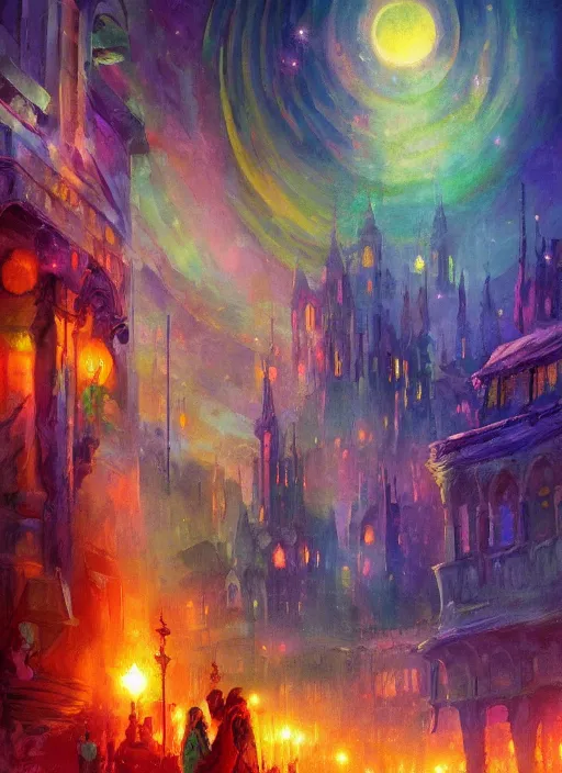 Image similar to ethereal starlit city of magic lost in time at sunset, art station, fauvism, matte painting, johan grenier, hd, digital painting