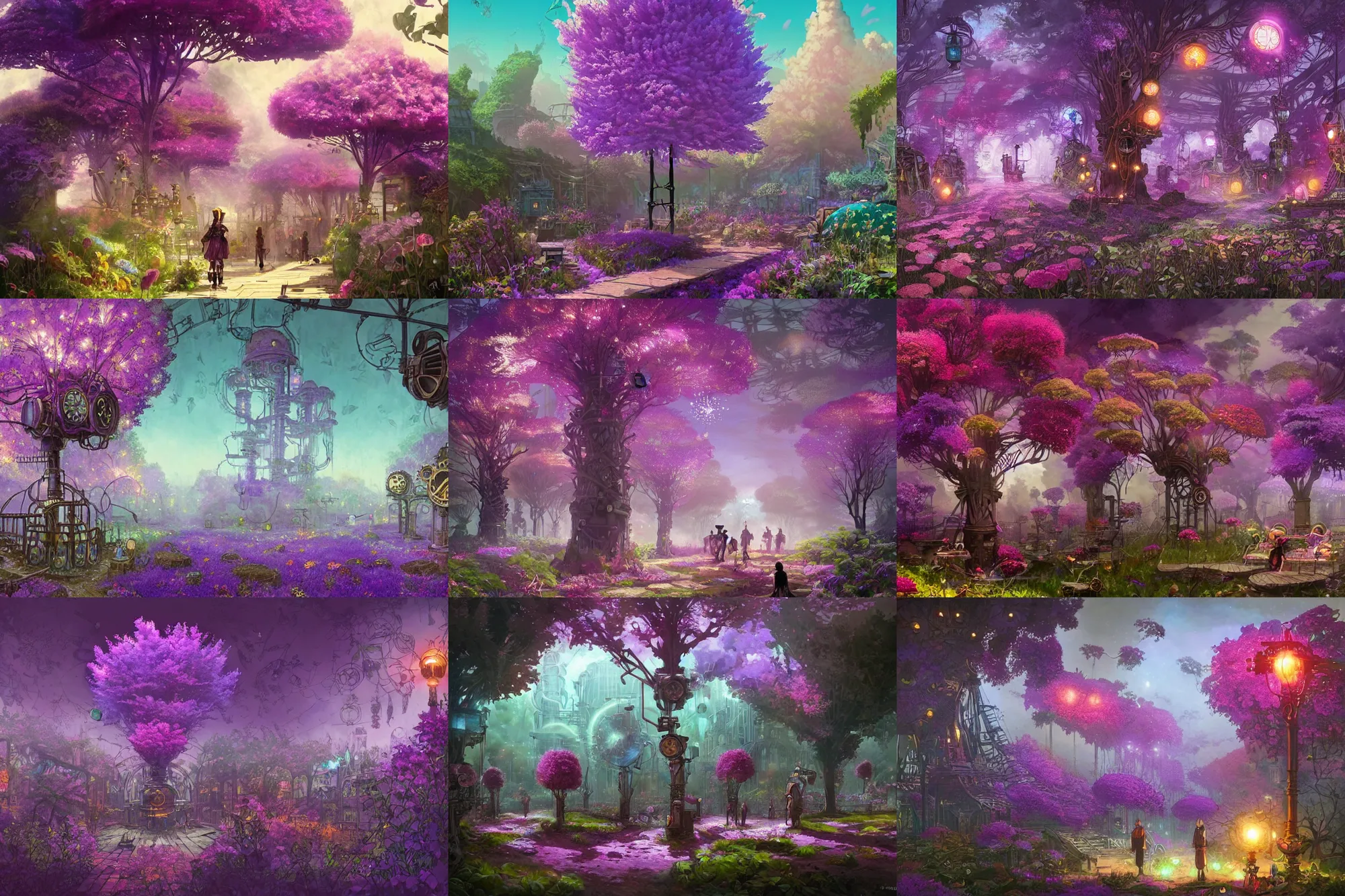 Prompt: purple flower trees, steampunk!!!! steam machines, bottle, garden, grainy texture, infographic with illustrations, glowing lights, epic fantasy, colorfully, digital art, highly saturated colors, concept art, detailed illustration, hd, 4 k, digital art, greg rutkowski, dan mumford, studio ghibli trending on artstation
