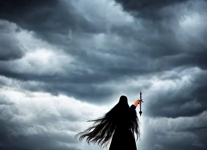 Image similar to stunning occult priestess casting spell, stormy sky