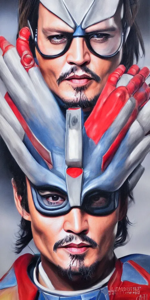 Image similar to realistic Portrait painting of a Johnny Depp as Ultraman Taro, made by Gustave Courbet, physical painting, digital art, bright colors,upper body,fine art, trending on Artstation, unreal engine.