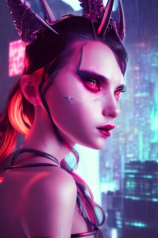 Image similar to portrait futuristic Devil Girl with horns and wings, in future cyberpunk tokyo rooftop , ssci-fi, fantasy, intricate, very very beautiful, elegant, human anatomy, neon light, highly detailed, digital painting, artstation, concept art, smooth, sharp focus, illustration, art by tian zi and WLOP and alphonse mucha