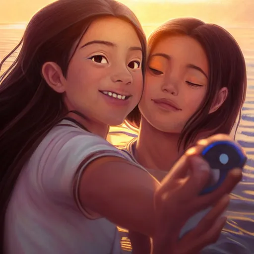 Image similar to beautiful serene intricate portrait of katara and toph taking a selfie, smiling softly, relaxing on the beach, golden hour, soft focus, 8 k, art by irakli nadar, hyperrealism, hyperdetailed, ultra realistic