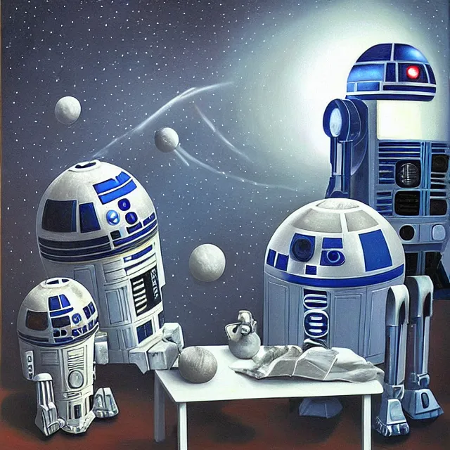 Image similar to an oil on canvas portrait painting of r 2 d 2, surrealism, surrealist, cosmic horror, rob gonsalves, high detail