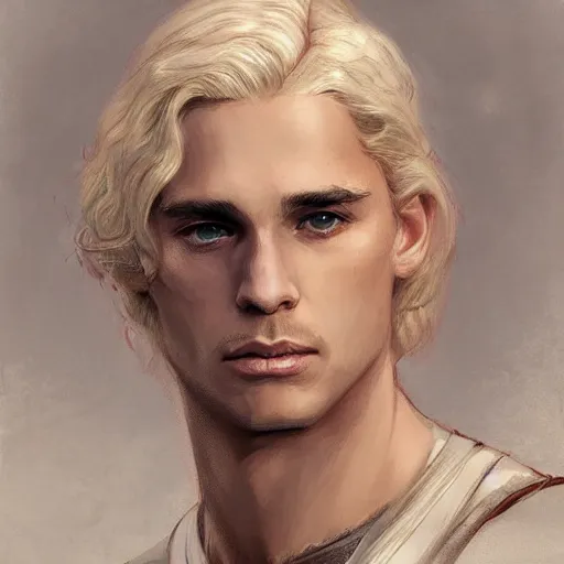 Image similar to Viserys Targaryen in rapture, very detailed sharp angular masculine face, hooked nose and square jaw long fluffy curly blond hair, light blond hair, gorgeous, beautiful, intricate, highly detailed, digital painting, artstation, concept art, sharp focus, illustration, art by greg rutkowski and alphonse mucha