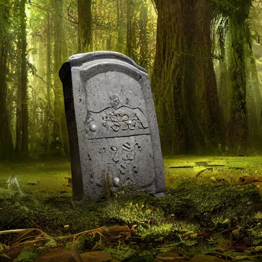 Image similar to side view of a beautiful abandoned tombstone with an embedded emerald laying on the ground, in a deep forest, overgrown foliage taking over it, close - up, 3 5 mm, biopunk, bokeh, beautiful, lens flare, emotional, detailed, picture, trending on artstation, award - winning, shiny, golden, octane render