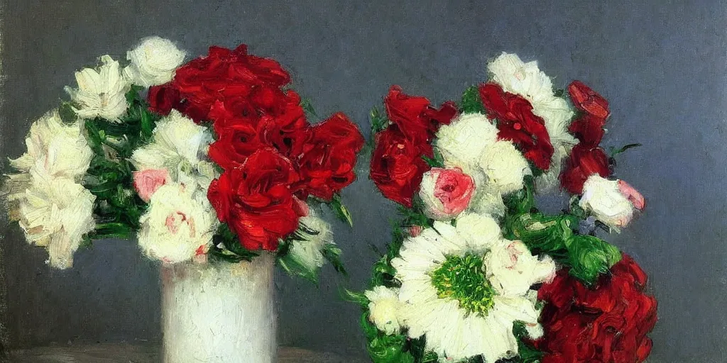 Prompt: a beautiful bouquet of flowers, oil painting, by Gustave Caillebotte, very colorful, White, vivid green & red, very detailed, artstation