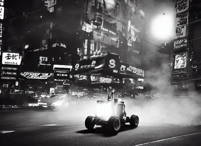 Prompt: a racing tractor drifting around the corner, smoke emanating from it's spinning wheels and exhaust. In a game of Need For Speed:Underground. moody cinematic lighting, high shutter speed, night, Shibuya Crossing