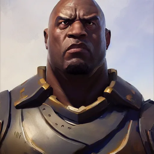 Image similar to greg manchess portrait painting of fully armored the foundation aka dwayne the rock from fortnite as overwatch character, medium shot, asymmetrical, profile picture, organic painting, sunny day, matte painting, bold shapes, hard edges, street art, trending on artstation, by huang guangjian, gil elvgren, ruan jia, greg rutkowski, gaston bussiere