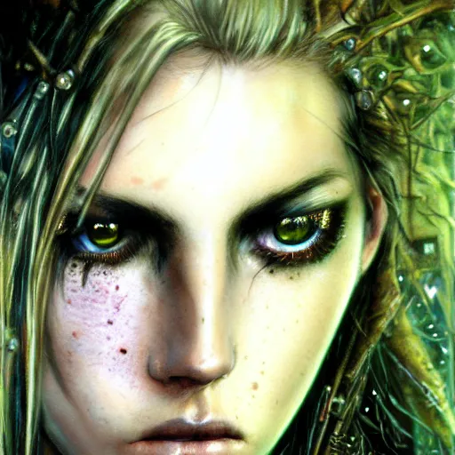 Prompt: an award finning closeup facial portrait by luis royo and john howe of a very beautiful and attractive female bohemian cyberpunk traveller aged 1 5 with green eyes and freckles in clothed in excessively fashionable cyberpunk gear and wearing ornate warpaint