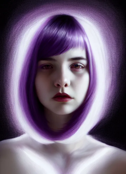 Image similar to portrait of teenage girl with white bangs, red irises, bangs, black and white hair, purple clothes, white bangs, two color hair, black hair and white bangs, intricate, elegant, glowing lights, highly detailed, digital painting, artstation, concept art, smooth, sharp focus, illustration, art by wlop, mars ravelo and greg rutkowski