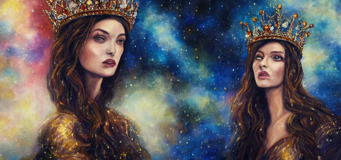 Prompt: a realistic painting of a queen looking over the galaxy, wearing a crown, dramatic lighting, serious expression, 4K, HD, detailed, epic