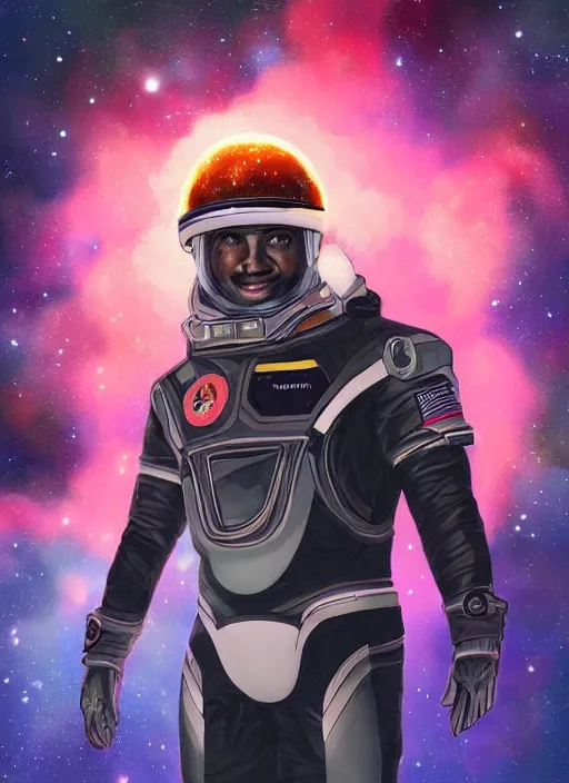 Prompt: black man in an advanced spacesuit without a helmet in front of exploding nebulae, digital illustration trending on artstation by artgerm and rutkowski