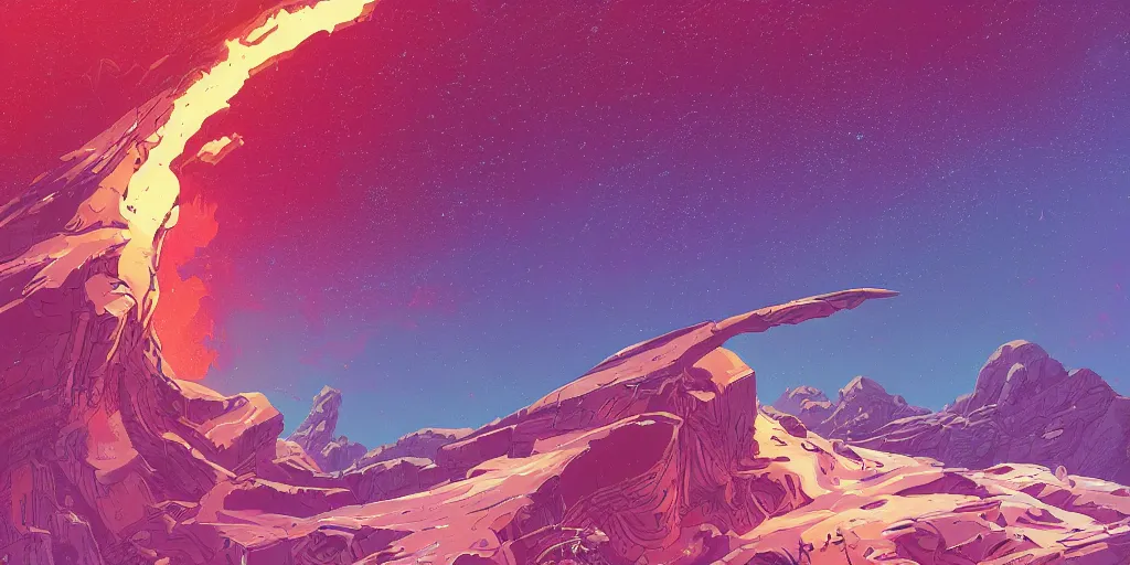 Prompt: concept art of an epic spiral galaxy in style of dan mumford and laurie greasley by james gilleard, very detailed, clean lines, atmospheric, vivid, wide angle