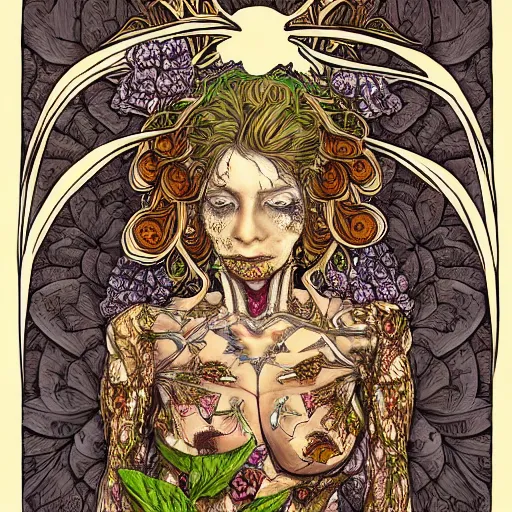 Image similar to a beautiful detailed front view portrait of a rotten woman corpse with fractal plants and fractal flowers and mushrooms growing around, symmetrical, ornate, ornamentation, illustration, in the style of art nouveau