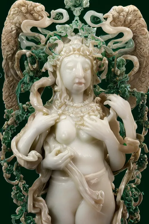 Image similar to a closeup photo, rococo alabaster and jade real delicate ceramic porcelain sculpture of an ornate detailed vulture goddess in front of an intricate background by rafael, micro detail, backlit lighting, subsurface scattering, translucent, thin porcelain, emerald, jade, octane renderer, colorful, physically based rendering, trending on cgsociety