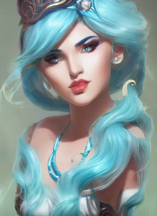 Image similar to elegant sona, from league of legends, with an harp, light blue hair, hyper detailed, digital art, trending in artstation, cinematic lighting, studio quality, smooth render, unreal engine 5 rendered, octane rendered, art style by klimt and nixeu and ian sprigger and wlop and krenz cushart