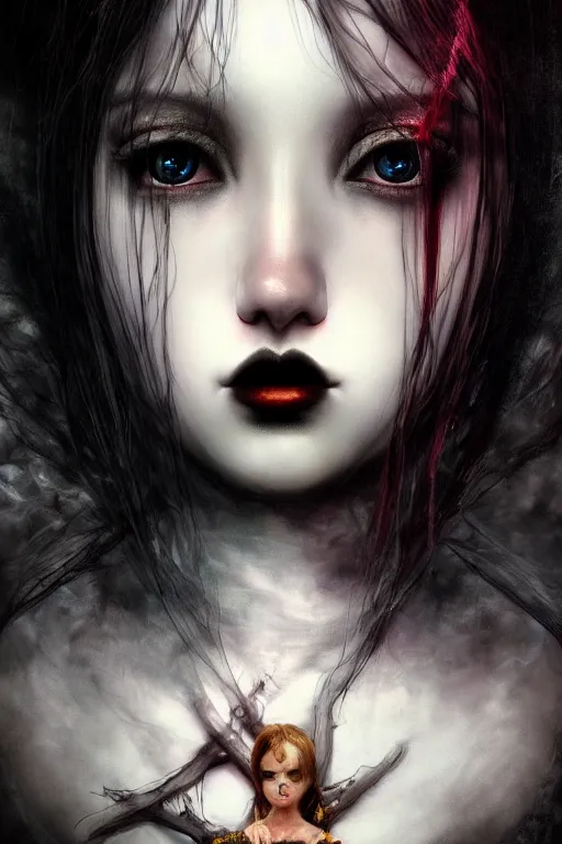 Image similar to Gothic girl dreamy close face portrait, dark background. digital art. amazing quality. perfect lighting. Professional design. Great composition. by Annie Leibovitz and Ayami Kojima and Tomoyuki Yamasaki and Tsutomu Nihei, octane render, award winning art. impressive colors. trending on artstation. James Ensor style