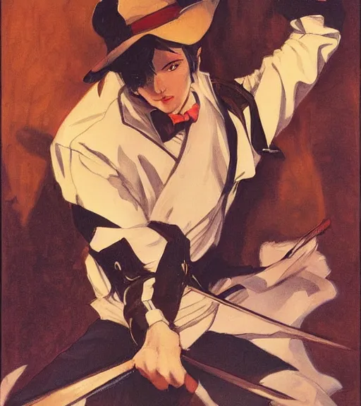 Prompt: j. c. leyendecker painting of an anime man, direct flash photography at night, film grain