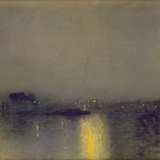 Prompt: fireworks over river by james macneill whistler