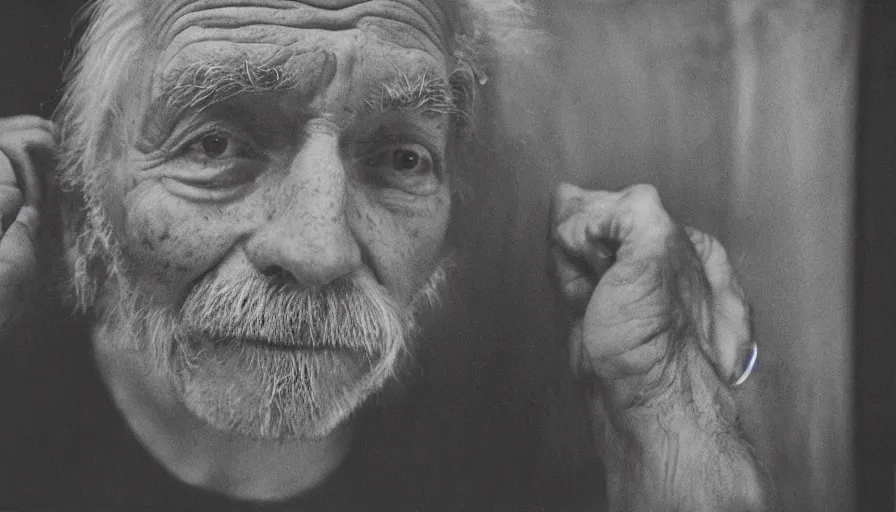 Image similar to 7 0 s movie still of a old man with trypophobia eyes, cinestill 8 0 0 t 3 5 mm, heavy grain, high quality, high detail