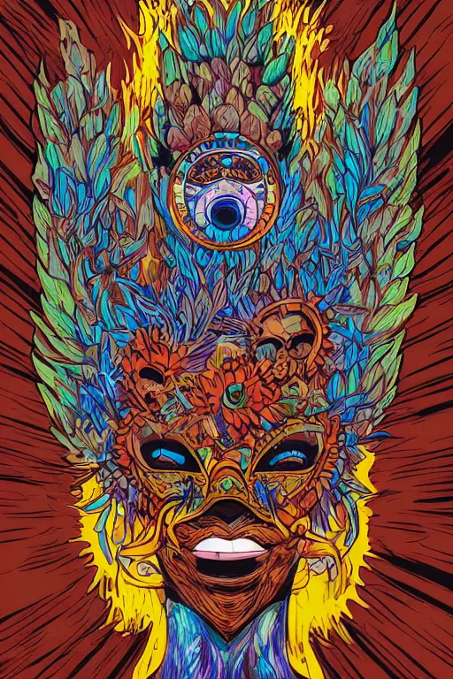 Image similar to animal mask totem roots flower tribal feather gemstone plant wood rock shaman vodoo video game vector cutout illustration vivid multicolor borderlands comics by josan gonzales and dan mumford radiating a glowing aura