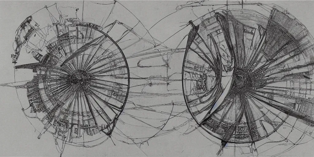 Image similar to leonardo da vinci color intricate full page scan blueprint of an environmental turbine machine, on paper, black ball pen style, :: ultra-detailed technical precision :: mixed media with white and silver lines, realistic composition, point of interest at golden ratio, light from right, more darkness on the bottom, monumentally art composition, high quality of sketching with subtle hairlines, highly detailed rounded forms, inside out and outside in, octane render