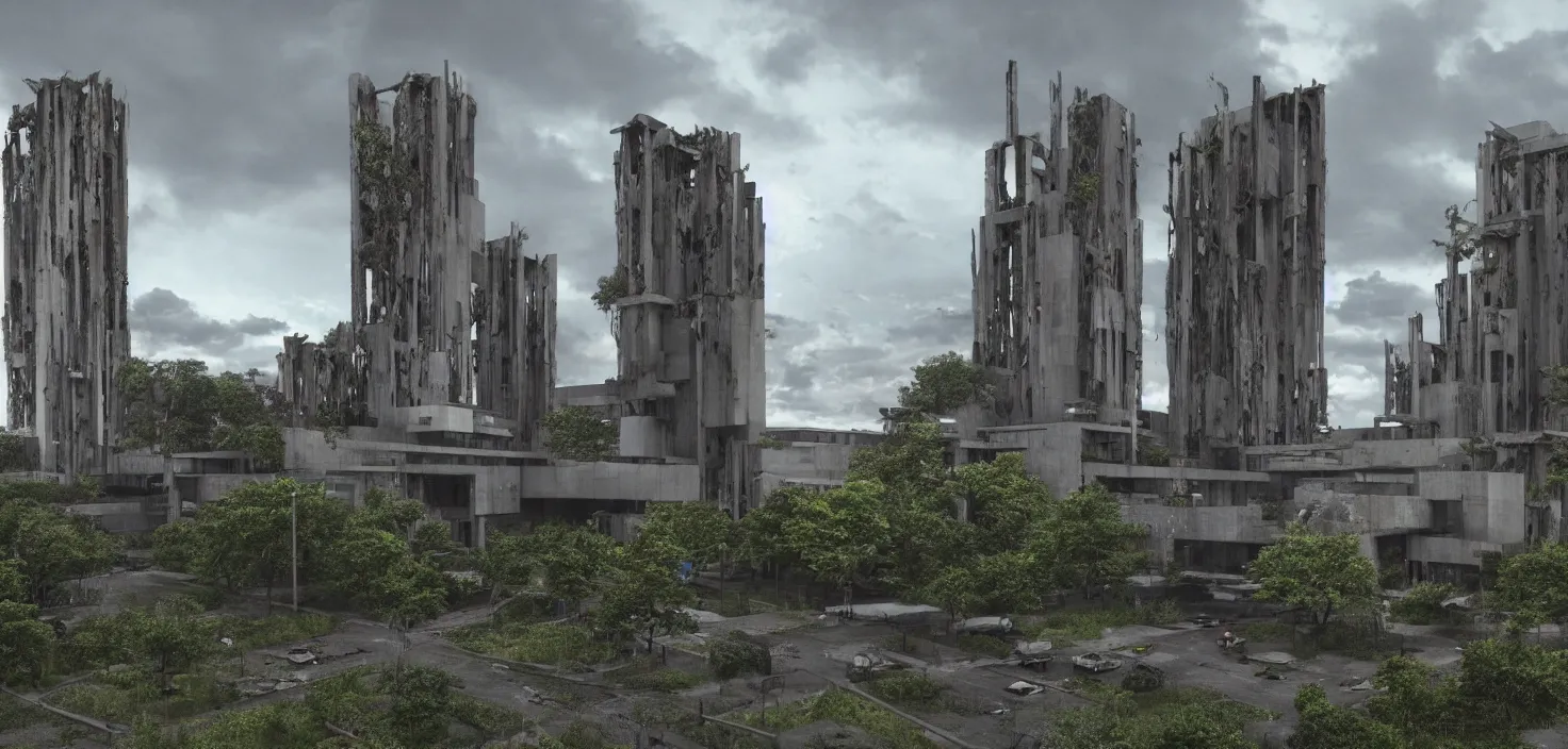 Image similar to an extremely detailed cathedral of brutalist architecture by Le Corbusier, surrounded by lush green vegetation, stunning volumetric lighting, sunset, rusted metal, concrete, translucent material, stunning skies, scattered rubbish and debris, 8k, photorealistic, hyper detailed, unreal engine 5, IMAX quality, cinematic, epic lighting, digital painting in the style of DOOM and Quake, by Greg Rutkowski, trending on Artstation
