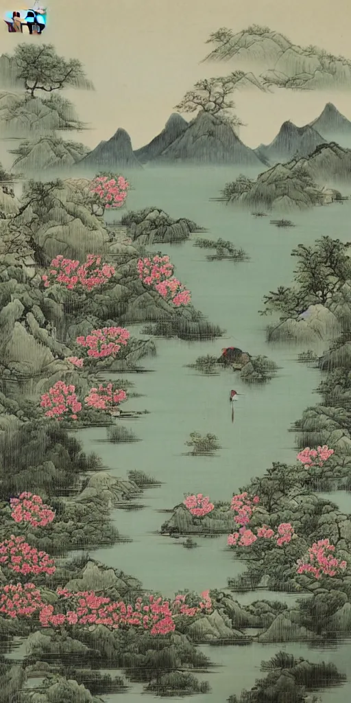 Image similar to summer manor with peony flowers and lake, chinese landscape painting