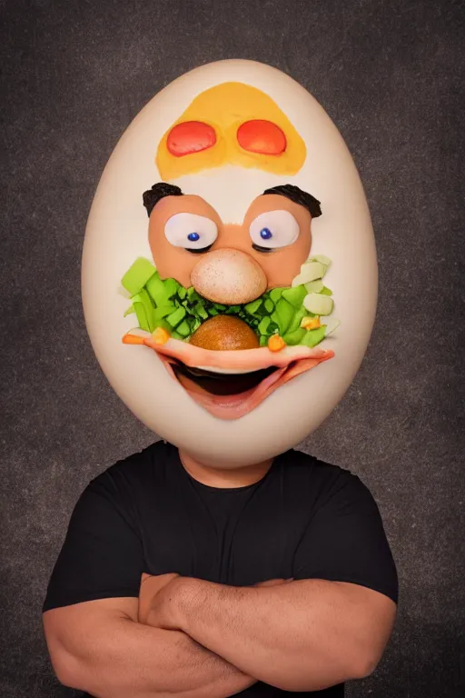 Image similar to 📷 gabriel iglesias comedian the egg 🥚, made of food, head portrait, dynamic lighting, 4 k