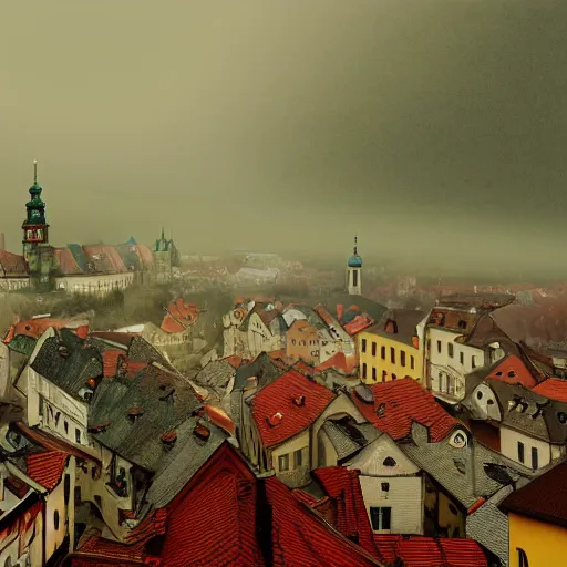 Prompt: old czech city Decin green and red tones, by Aron Wiesenfeld and beksincki, cinematic, detailed illustration, nature, fog, dark colors, suspense, intricate, 8k