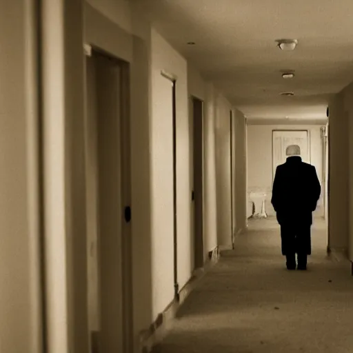 Prompt: Creepy old man, In dim hallway, watching