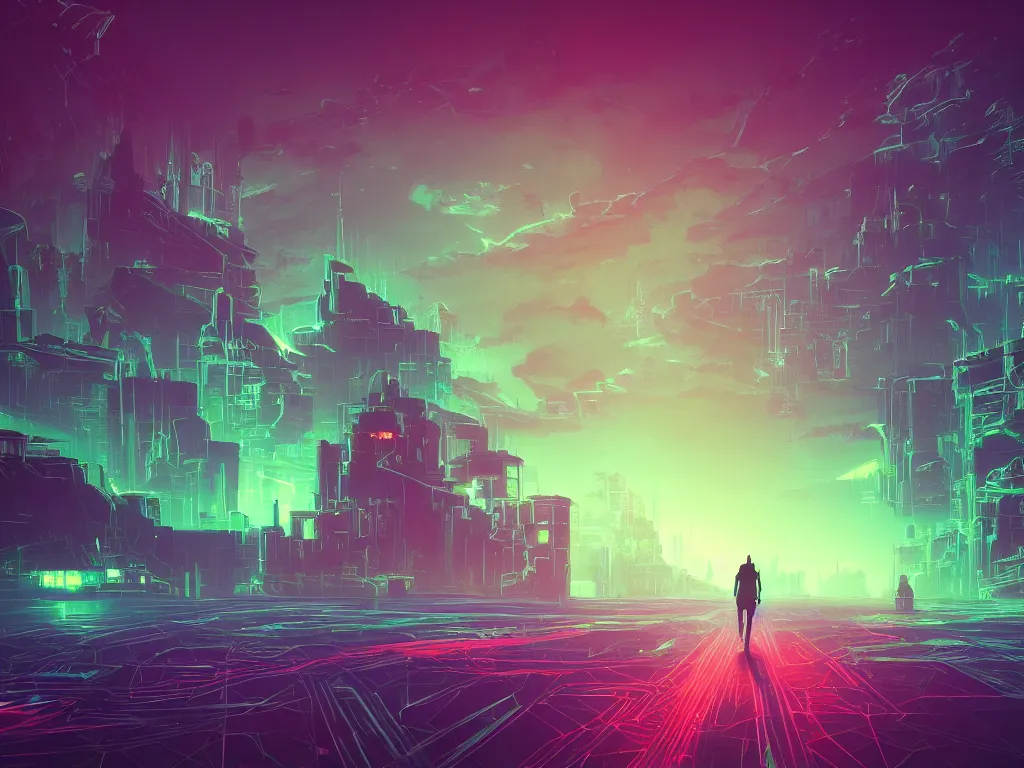 Prompt: synthwave landscape of a lone traveler walking towards a distant cyberpunk castle, complex, cyberspace, grid, holographic, virtual, night, wireframe, by Anton Fadeev, by Alena Aenami, by Paul Lehr, wide angle, highly detailed, cinematic, Blue and Green color scheme