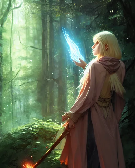 Prompt: blonde young mage with a heavy cloak and chemise casting a spell in the forest, fantasy character portrait, ultra realistic, concept art, intricate details, highly detailed by ilya kuvshinov, greg rutkowski, gaston bussiere, craig mullins, simon bisley