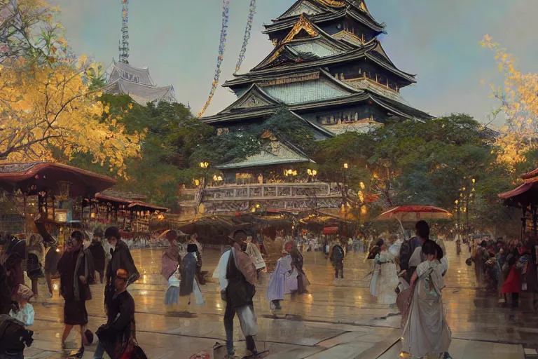 Prompt: a beautiful realistic painting of osaka castle festival, intricate, elegant, highly detailed, digital painting, artstation, concept art, by krenz cushart and artem demura and alphonse mucha