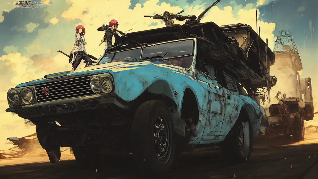 Image similar to anime illustration of mad max's fj 4 0 pursuit special, the last v 8 interceptor driving down to the gates of valhalla highway, riding fury road eternal shiny and chrome, world of fire and blood, by makoto shinkai, ilya kuvshinov, lois van baarle, rossdraws, basquiat, global illumination ray tracing hdr