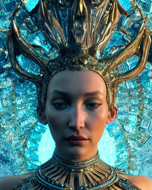 Image similar to a highly detailed metahuman 4 k close up render of an alien goddess bella hadid monument demon in iris van herpen dress schiaparelli in diamonds crystals swarovski and jewelry iridescent in style of alphonse mucha gustav klimt trending on artstation made in unreal engine 4