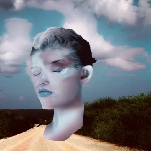 Image similar to the clouds in the sky take the shape of a woman face made of puffy clouds storm photoreal octane grey