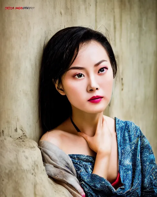 Image similar to photo portrait of chinese actress in real life by Steve McCurry, colorful, sharpen, 4k, 85mm, award winning, realistic, professional light