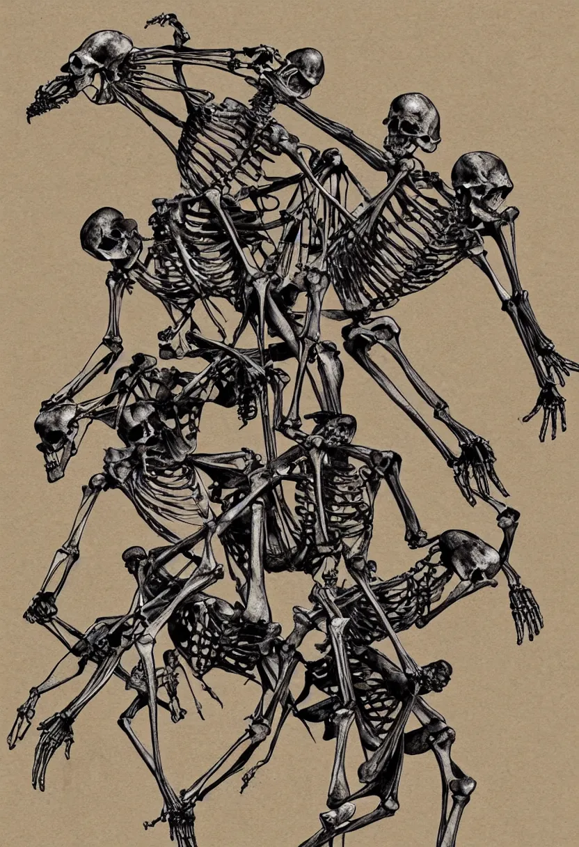 Prompt: human skeleton fighting a kangaroo skeleton, t-shirt design