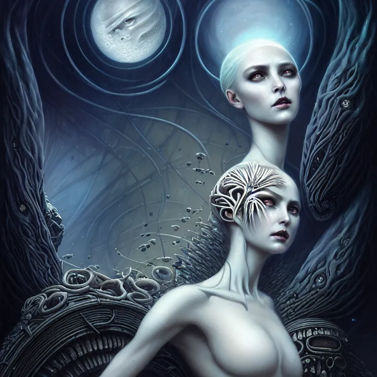 Prompt: skewed in the void, hr giger and cgsociety. one stunning luna goddess of personification of the moon by charlie bowater and tom bagshaw, insanely detailed, artstation, space art. sparkling flower fractules surrounded by skulls and robots deep under the sea, horror, fantasy, surrealist painting, by peter rohrabacher annatto finnstark