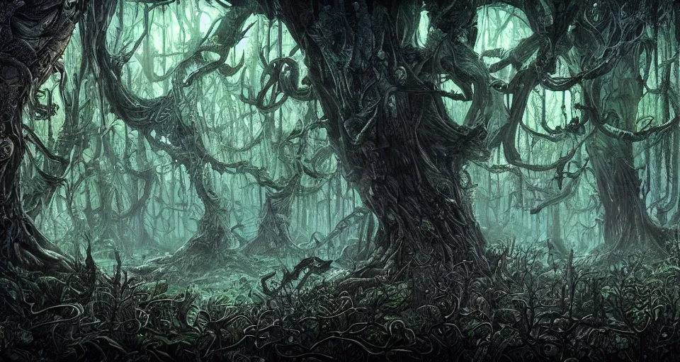 Prompt: A dense and dark enchanted forest with a swamp, by Android jones,