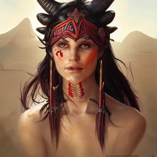 Prompt: portrait of an intimidating berber tiefling woman with red skin, ram's horns and black hair in a ponytail wearing plate armor in a desert, half body, fantasy, highly detailed, digital painting, artstation, concept art, character art, art by greg rutkowski and tyler jacobson and alphonse mucha