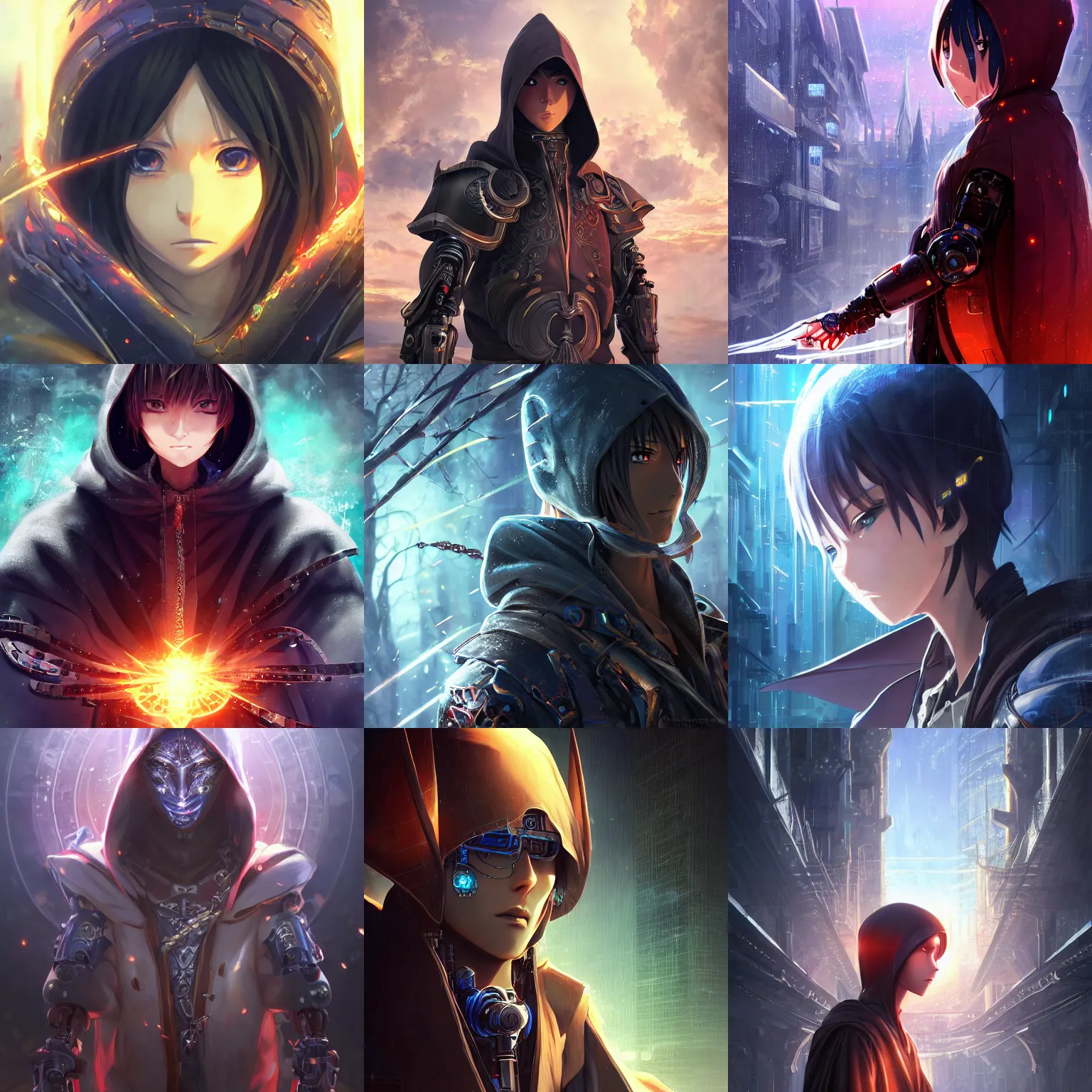 Prompt: 2.5D CGI anime fantasy portrait artwork of a hooded intricate cybernetic sorcerer warrior character with high quality glistening beautiful colors, rich moody atmosphere, reflections, specular highlights, omnipotent, megastructure realistic detailed background, portrait in the style of Makoto Shinkai and Greg Rutkowski