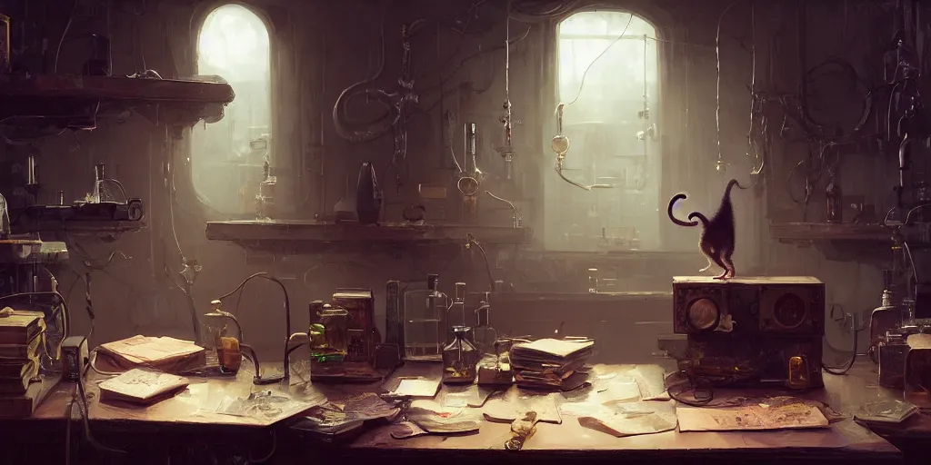 Prompt: rat sitting on a desk in a laboratory with lots of flasks filled with magic liquids and poisonous fog, stephen bliss, unreal engine, fantasy art by greg rutkowski, loish, rhads, ferdinand knab, ilya kuvshinov, rossdraws, tom bagshaw, global illumination, radiant soft light, detailed and intricate environment