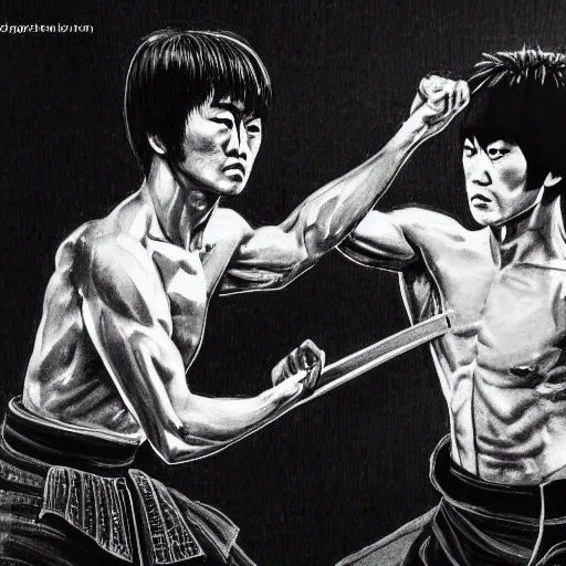 Image similar to A samurai fighting Bruce Lee, HD, high resolution, hyper realistic, 4k, intricate detail